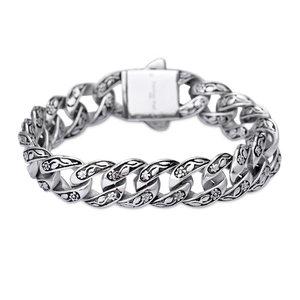Silver stainless steel Cuban chain bracelet with vintage rose floral relief patterns