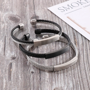 Men Stainless Steel Twisted Cable Wire Cuff Bracelet Rectangular Plate Industrial Minimalist Open Bangle Jewelry