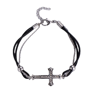 Titanium steel astronaut layered bracelet with cz cross and black woven cord