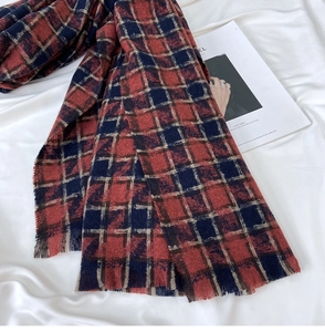 Détail écharpe à carreaux classique à franges, tissu doux et chaud, accessoire mode d'hiver.