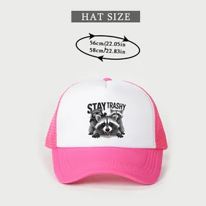 Size chart showing 56-58cm hat circumference for Stay Trashy raccoon mesh trucker cap