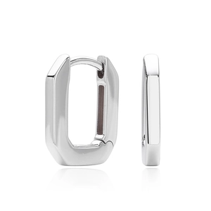 Polished silver geometric square huggie earrings for women shown on white background