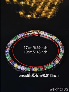 Colorful zircon tennis bracelet specs with 17cm and 19cm length and 4mm width details