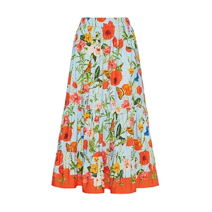 Light blue tiered floral maxi skirt with bright orange flowers and elastic waist