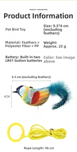 Detail of chirping bird cat toy with dimensions, feathers, and elastic string specs