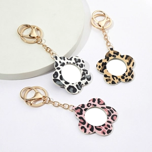 Flower Shaped Keychain With Portable Mirror Leopard Print PU Leather Aesthetic Keyring Bag Charm