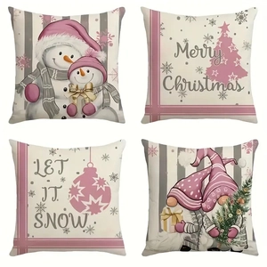 Set of 4 Christmas pillow covers in pink and grey featuring snowmen and gnomes