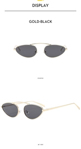 Front and side view of trendy gold-metal cat-eye sunglasses with black lenses