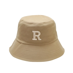 Chapeau bob kaki avec broderie 3D lettre R doté d'un bord large et texture en toile de coton