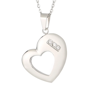 Silver stainless steel heart pendant necklace with three inset diamonds on a white background
