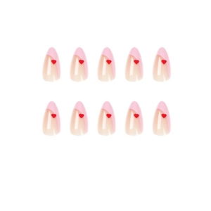 Almond shaped press-on nails with pink French tips and small red heart details