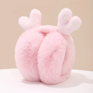 Detail of soft pink plush earmuffs with heart accents on a clean minimalist background