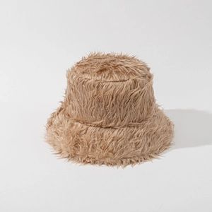 Detailed view of plush khaki faux fur material on the warm winter bucket hat texture