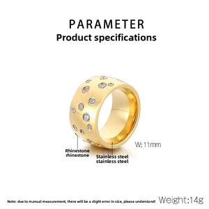 Detail view of 11mm wide golden stainless steel ring with sparkling rhinestone inlay