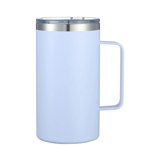 Detailed close-up of 24oz light blue stainless steel thermal mug with ergonomic handle