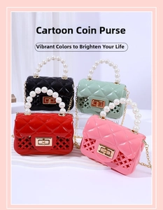 Detail view of mini jelly bags in four colors with quilted texture and pearl handles