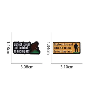 Funny Bigfoot enamel pins with witty text and forest silhouette for clothing and bags