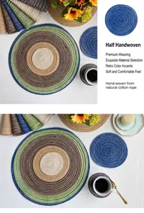 Macro-detail van ronde geweven hittebestendige placemats in blauwe en beige kleuren