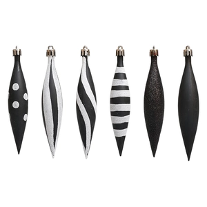 Set of 6 black and white patterned drop-shaped Christmas tree ornaments with glitter