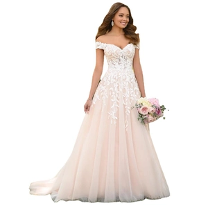 Elegant off-shoulder lace wedding dress with champagne tulle skirt and floral embroidery