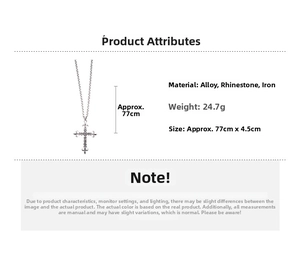 Detail of silver long cross necklace with rhinestones showing dimensions and 77cm chain