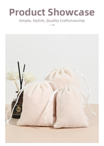 Three-piece set of beige velvet drawstring jewelry pouches in small, medium, and large sizes