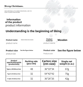 Detailed size chart for mini wooden Christmas tree ornaments with weights and product styles