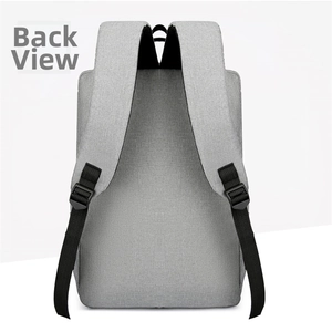 Rear view of grey business backpack with wide padded straps and adjustable buckles