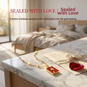 Creative envelope necklace with red enamel and gold heart on elegant marble surface