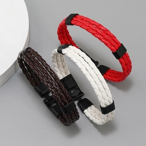 Vintage multi-layer woven leather bracelets in red, white and brown with alloy clasps