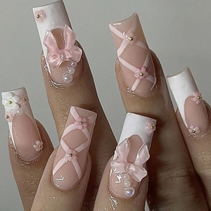 Press On Nägel 3D Harz Schleife Weiß Französisch Linie Rosa Blumen Künstliche Perlen Süß Balletcore Stil Frauen Künstliche Nägel