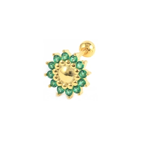 Close-up of a 925 sterling silver golden flower earring with a green gemstone and screw back