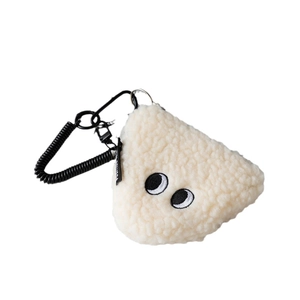 Onigiri-shaped plush coin purse with lamb wool texture and swivel snap hook