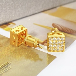 Pair of gold square stud earrings with micro-pave cubic zirconia in hip hop style