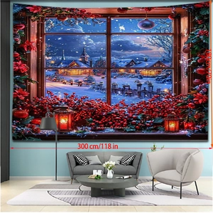 Extra wide 300x180cm Christmas window snow landscape wall tapestry for holiday decoration