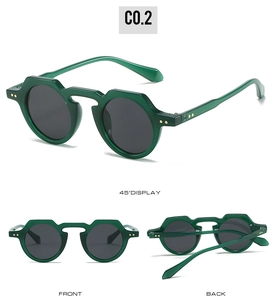 Detailed multi-angle views of dark green retro round sunglasses with metal rivets