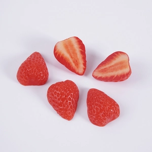 Set of five realistic PVC strawberry models featuring full and sliced fruit for DIY crafts