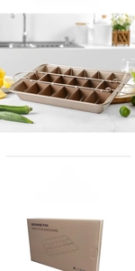 Champagne gold non-stick brownie pan with 18-slot divider and packaging box detail