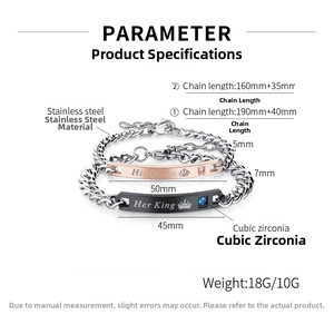 Detailed view of His Queen and Her King couple bracelets with cubic zirconia accents