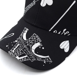 Black cotton baseball cap with white Paris Eiffel Tower print and heart patterns