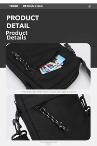 Detail view of small black oxford shoulder bag with multi-layer zipper storage pockets