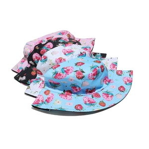 Summer reversible sun bucket hat with cute strawberry print in four colors for outdoor