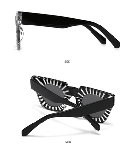 Detail view of square black sunglasses showing side profile and back frame structure