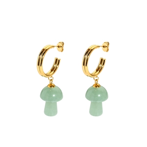 18K gold stainless steel C-shaped hoop earrings with green stone mushroom charms