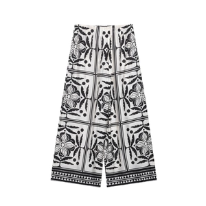 Pantalon large pour femme à imprimé floral noir et blanc avec taille élastique confort