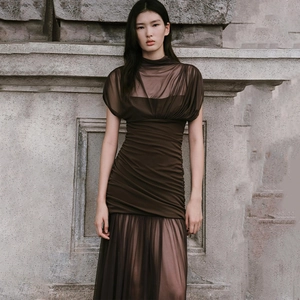 Robe longue froncée en résille marron avec tissu semi-transparent et coupe moulante
