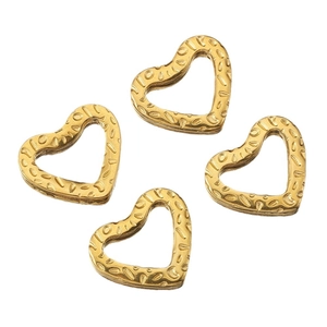Set of four hollow heart-shaped stainless steel charms with textured gold finish