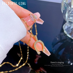 Gold titanium steel horseshoe necklace with micro-inlaid zircon pendants for women