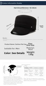 Detailed size guide for men's winter cap showing circumference 56-60cm and visor depth