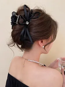 Elegant black satin bow hair clip with square crystal and matching pearl jewelry set